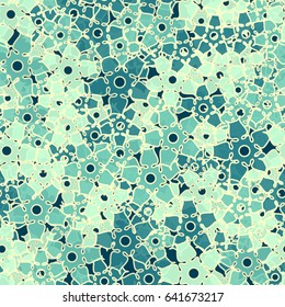 Seamless pattern. Abstract a five-sided flowers. Chaotic order. Fashionable women's and children's camo. Yellow, blue-green  tones.