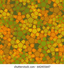 Seamless pattern. Abstract a five-sided flowers. Chaotic order. Fashionable women's and children's camo. Orange, green tones, yellow.