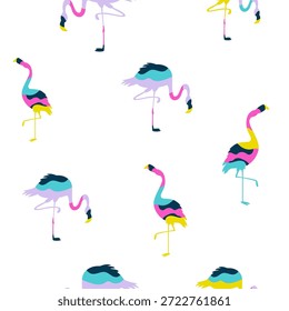 Patrón inconsútil de pájaros Abstractas del flamenco con los Colores vibrantes del arte Pop en el fondo blanco