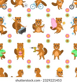 Seamless Pattern Abstract Flat Cartoon Different Animal Beavers Vector Design Style Elements Fauna Wildlife