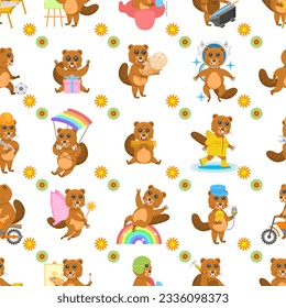 Seamless Pattern Abstract Flat Cartoon Different Animal Beavers Vector Design Style Elements Fauna Wildlife