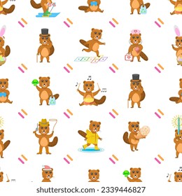 Seamless Pattern Abstract Flat Cartoon Different Animal Beavers Vector Design Style Elements Fauna Wildlife