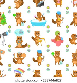 Seamless Pattern Abstract Flat Cartoon Different Animal Beavers Vector Design Style Elements Fauna Wildlife