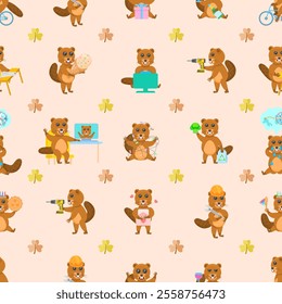 Seamless Pattern Abstract Flat Cartoon Different Animal Beavers Vector Design Style Elements Fauna Wildlife