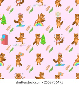 Seamless Pattern Abstract Flat Cartoon Different Animal Beavers Vector Design Style Elements Fauna Wildlife