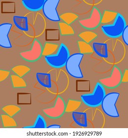 Seamless pattern of abstract flat elements with strokes on a brown background for textile.