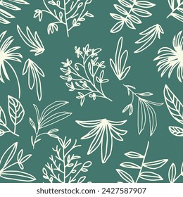 seamless pattern abstract floral background with leaves, hand drawing outline color.