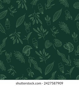 seamless pattern abstract floral background with leaves, hand drawing outline color.