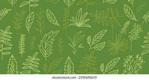 seamless pattern abstract floral background with leaves, hand drawing outline color.
