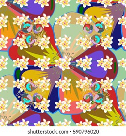 Seamless pattern abstract floral background. Vector sketch of many abstract flowers in green and blue colors. Hand drawn seamless flower illustration.