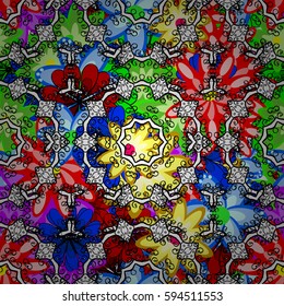 Seamless pattern abstract floral background. Vector sketch of many abstract flowers in colors. Hand drawn seamless flower illustration.