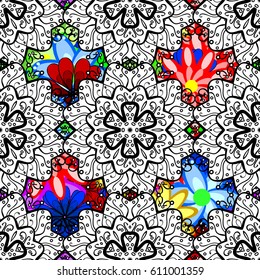 Seamless pattern abstract floral background. Vector sketch of many abstract flowers in colors. Hand drawn seamless flower illustration.