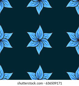 Seamless pattern abstract floral background. Vector sketch of many abstract flowers in blue colors. Hand drawn seamless flower illustration.