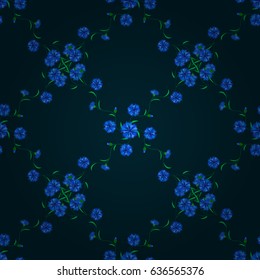 Seamless pattern abstract floral background. Vector sketch of many abstract flowers in blue colors. Hand drawn seamless flower illustration.
