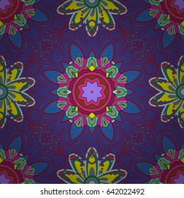 Seamless pattern abstract floral background. Vector sketch of many abstract flowers in blue colors. Hand drawn seamless flower illustration.