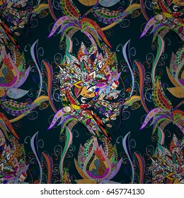 Seamless pattern abstract floral background. Vector sketch of many abstract flowers in blue colors. Hand drawn seamless flower illustration.