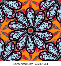 Seamless pattern abstract floral background. Vector sketch of many abstract flowers in pink colors. Hand drawn seamless flower illustration.