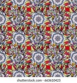 Seamless pattern abstract floral background. Vector sketch of many abstract flowers in colors. Hand drawn seamless flower illustration.