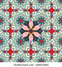 Seamless pattern abstract floral background. Vector sketch of many abstract flowers in colors. Hand drawn seamless flower illustration.