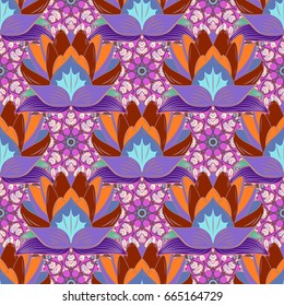 Seamless pattern abstract floral background. Vector sketch of many abstract flowers in colors. Hand drawn seamless flower illustration.
