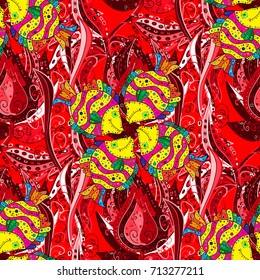 Seamless pattern abstract floral background. Vector sketch of many abstract flowers in red, yellow and magenta colors. Hand drawn seamless flower illustration.