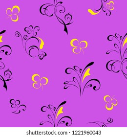 seamless pattern with abstract floral pattern in black lines and yellow flowers on lilac background