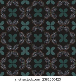 Seamless pattern with abstract floral designs. The decorative flowers are set against a black background.