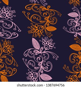 Seamless pattern of abstract floral details in the form of vertical stripes on a dark background.