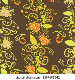 Seamless pattern of abstract floral details in the form of vertical stripes on a brown background.