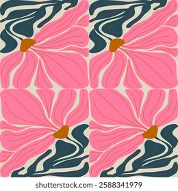 Seamless pattern with abstract floral doodle shapes. Hand drawn minimalist flower and leaves. Modern isolated vector illustration.