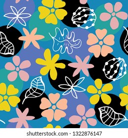 Seamless pattern with abstract floral elements on colored spots background. Vetor illustration.