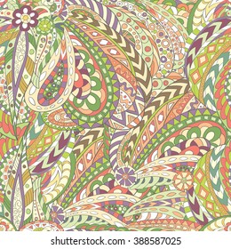 Seamless pattern of abstract and floral elements, hand-drawn and painted.