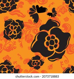 Seamless pattern with abstract floral. Endless orange vector background.