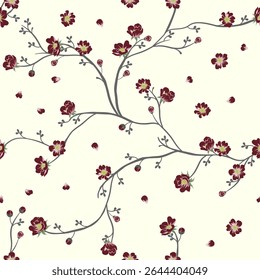 Seamless pattern Abstract floral pattern featuring red flowers and branches. Perfect for backgrounds, textiles, wallpapers, bedding, background, or any design.