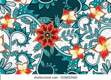 Seamless pattern with abstract floral, Indonesian batik motif, fantasy style