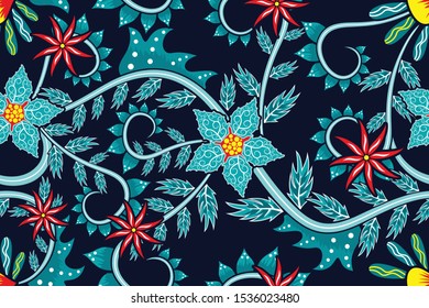 Seamless pattern with abstract floral, Indonesian batik motif, fantasy style