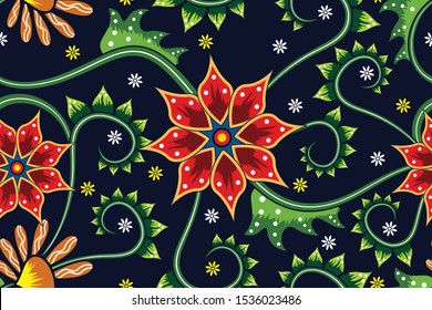 Seamless pattern with abstract floral, Indonesian batik motif, fantasy style