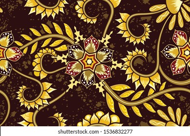 Seamless pattern with abstract floral, Indonesian batik motif, fantasy style