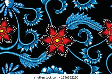 Seamless pattern with abstract floral, Indonesian batik motif, fantasy style