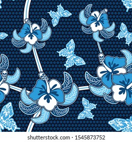 Seamless pattern with abstract floral, Indonesian batik motif, traditional style