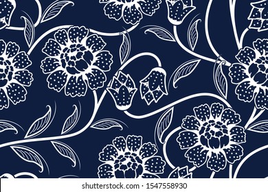 Seamless pattern with abstract floral, Indonesian batik motif, flower vector illustration