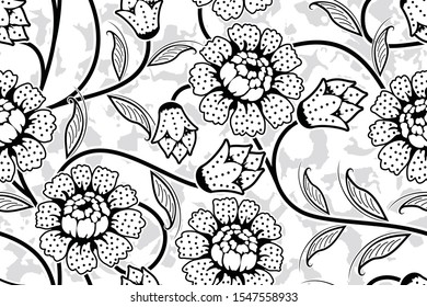 Seamless pattern with abstract floral, Indonesian batik motif, flower vector illustration