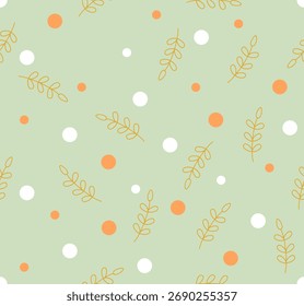 Seamless pattern with abstract floral motifs and polka dots on a light green background.