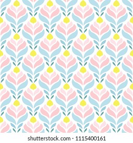 Seamless pattern abstract floral ornament in delicate colors yellow, pink, blue on a white background.