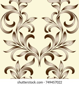 Seamless pattern of abstract floral ornament with curled leaves. Vintage Engraving style