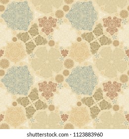 Seamless pattern from abstract floral ornaments in pastel colors on a beige background. Vector illustration. Suitable for fabric, wallpaper and wrapping paper