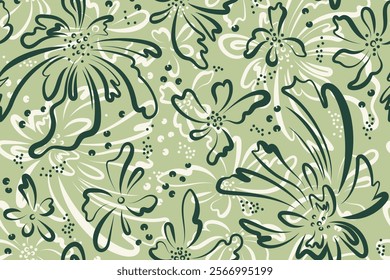 Seamless pattern with abstract floral print. Flowers drawn in dark olive green ink light background. Creative artistic texture for fabric, packaging, textiles, wallpaper, clothing.