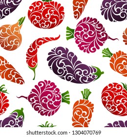 Seamless pattern with abstract floral vegetables illustrations. Ornate symbol Pepper, tomato, eggplant, onion, carrot, beet