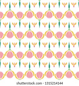 Seamless pattern of abstract flower buds in yellow and pink on a white background. Great for textile print, invitations, or packaging. Vector file. 