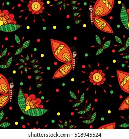 Seamless pattern with abstract flower and butterfly on black. Can be used for printing on fabric, for wrapping paper and for the background of the site.